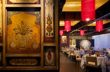 Dining area at modern indian restaurant Varq in Taj Mahal Hotel, India.
