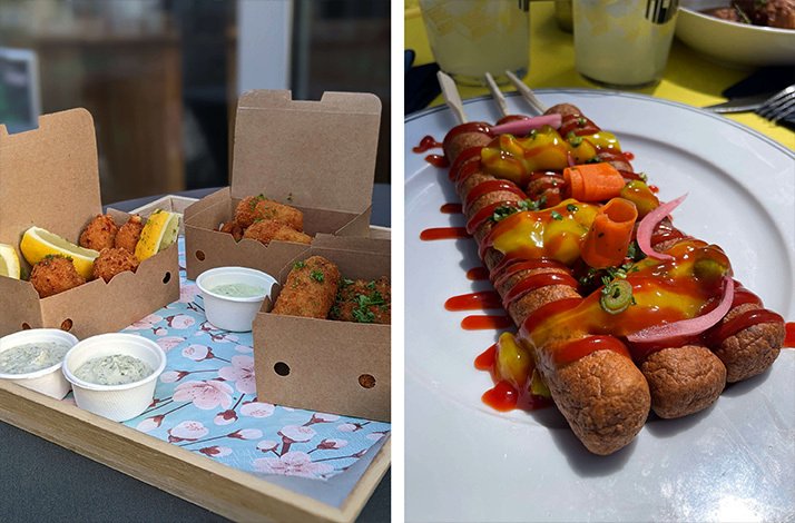 Collage consisting of two images. The freshly prepared fried dish packed in paper boxes with the sauces for takeaway. The close shot of a freshly made meat dish on the skewers, served on a white plate.