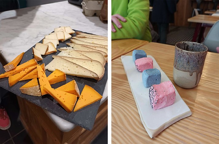 Collage consisting of two images. The close shot of cheese cut and served for the tasting. The close shot of blue and pink desserts served for the tastings.