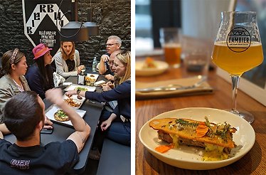Collage consisting of two images. Group of friends enjoying  the dinner in a restaurant with a loft interior. The close shot of a freshly prepared dish on a white plate near the beer glass branded ‘Cambier’.