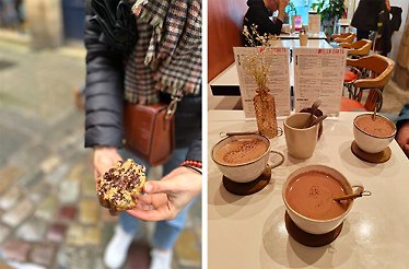 Dessert and hot chocolate served on a food and culture walking tour of Bordeaux