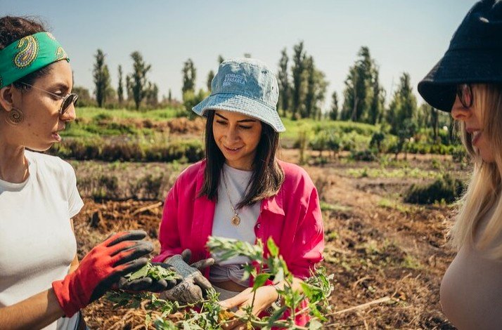A group of women working with crops on the land of Oruga