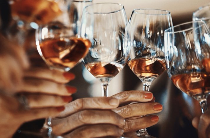 Guests holding rose wine glasses during a guided tasting experience at Castillo del Buen Amor.