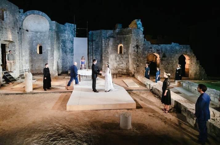 A theater play of Lorca's Blood Wedding at the Dubrovnik Summer Festival, performed amidst ancient stone ruins.
