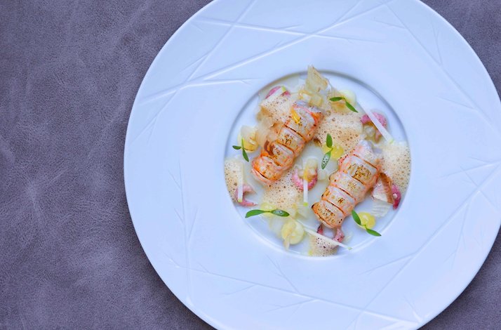 Langoustine preparation featuring ponzu, citrus, and parsnip.
