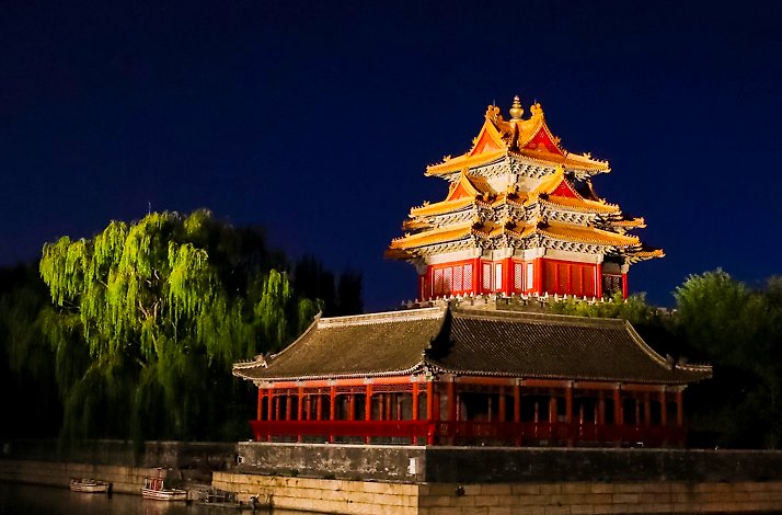 Northwest Tower of the Forbidden City at nighttime during the bicycle tour, Beijing China
