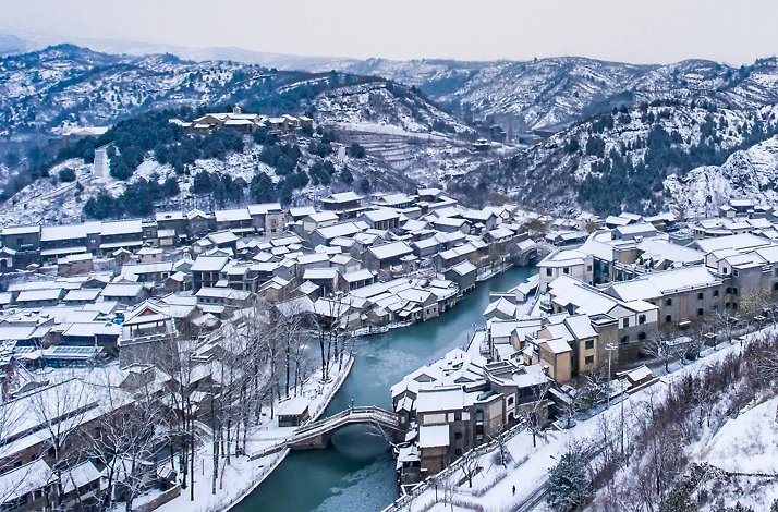 Bird’s-eye view of Gubeikou town in winter, China.