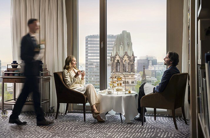 Afternoon tea at Waldorf Astoria Berlin with views of the Kaiser Wilhelm Memorial Church.