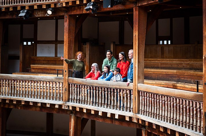 A group of people on a guided tour inside Shakespeare's Globe Theatre in London