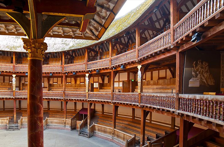 The wooden interior of Shakespeare's Globe theater.