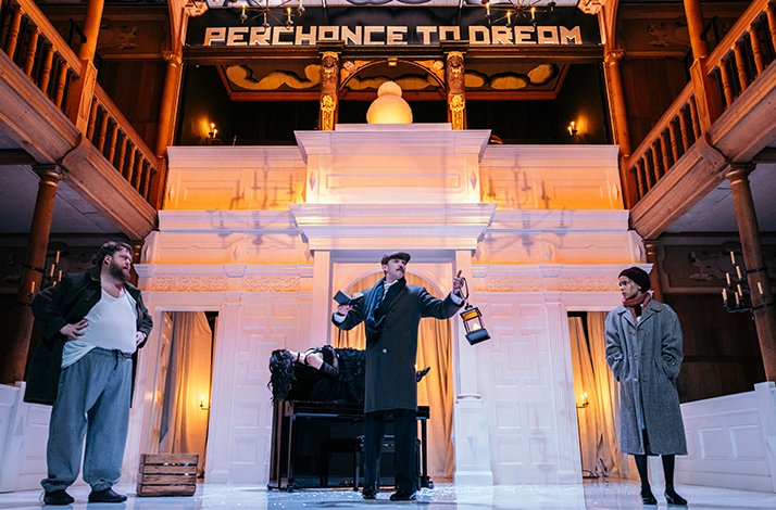 An ensemble of actor performing A Midsummer Night's Dream at Shakespeare's Globe.