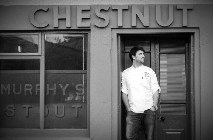Award-winning Irish chef Rob Krawczyk standing in front of Chestnut restaurant entrance