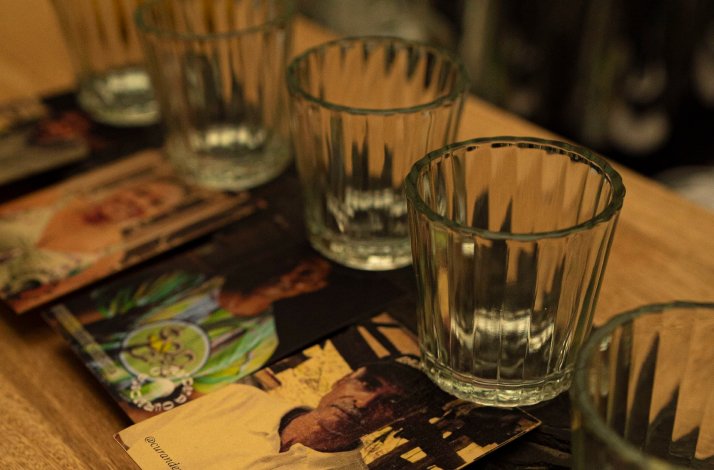 A table set with glasses in preparation for the tastings of viche-focused cocktails prepared under the guidance of local expert Vanessa Jaramillo