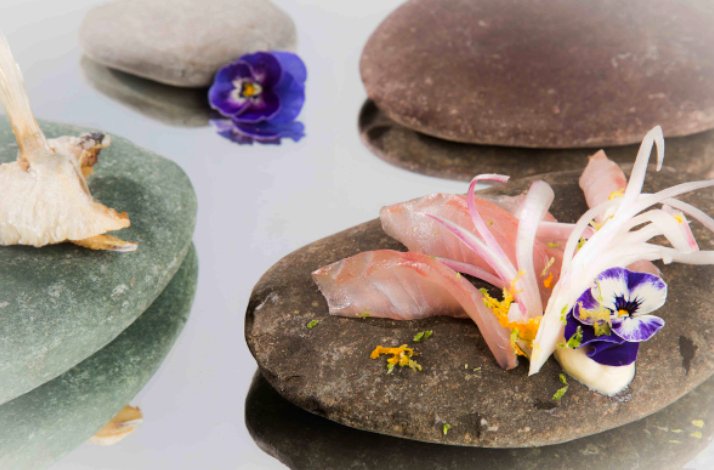Sliced raw fish garnished with edible flowers and thinly sliced vegetables presented on smooth rocks at Dolada restaurant