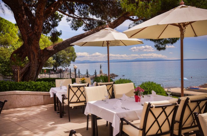 The Hotel Milenij terrace with a sea view.