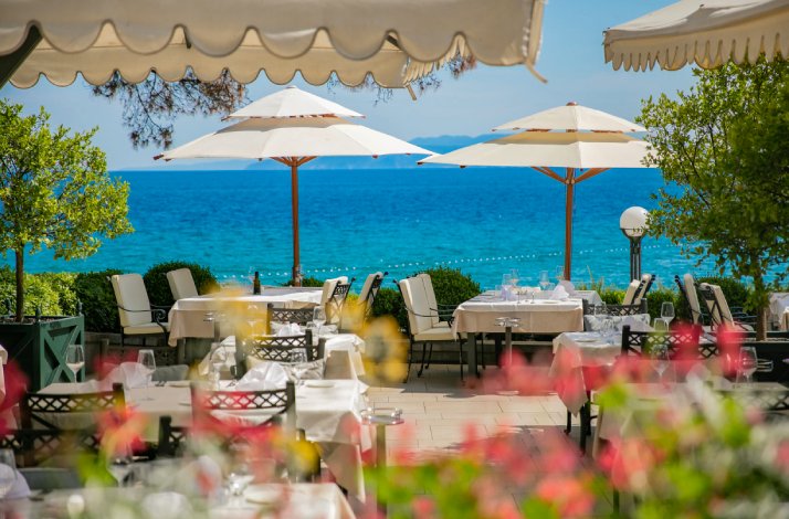 The terrace of the hotel's Argonauti restaurant with the sea view