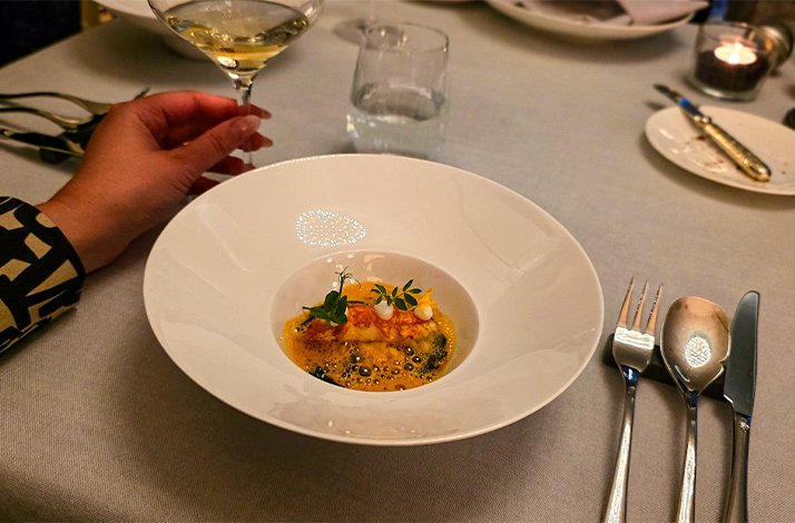 Surprise menu dish served at a Michelin-starred restaurant in Munich.