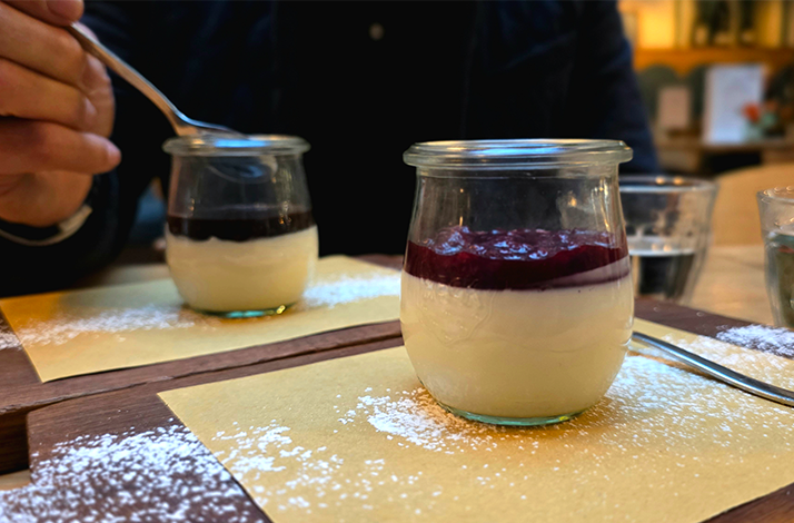 Close-ups of panna cotta served at restaurant Rustikeria.