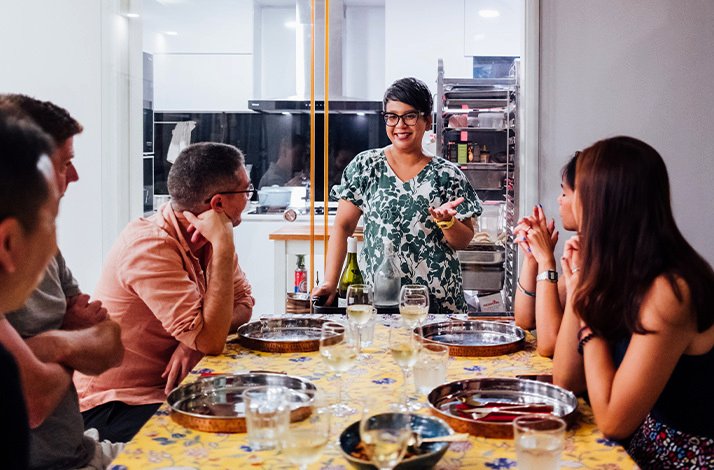 Diners Enjoying authentic south indian Food with Vasunthara at Her Home