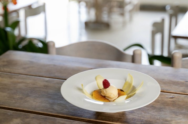 Elegantly plated dessert with ice cream and a raspberry served on a white plate at Cala Joncols restaurant.