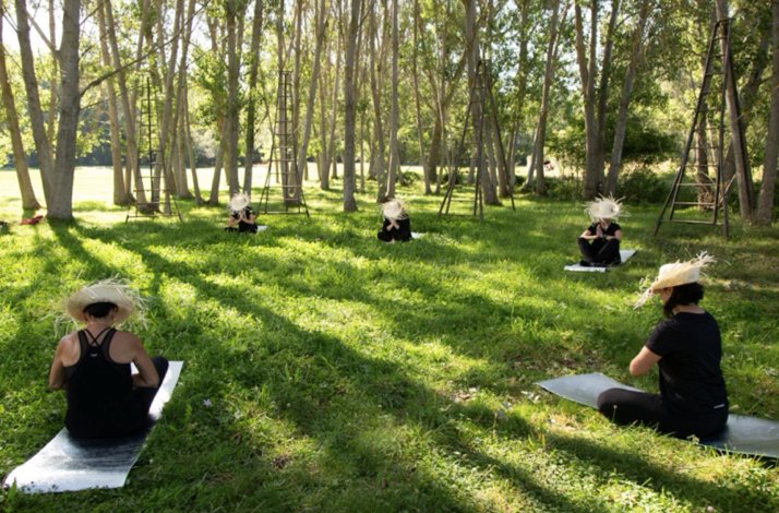 Visitors are having yoga classes at the outdoor area of the hotel.