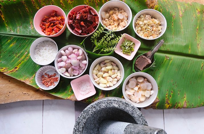 Ingredients used during a hands-on cooking workshop at Suan Sunandha Palace