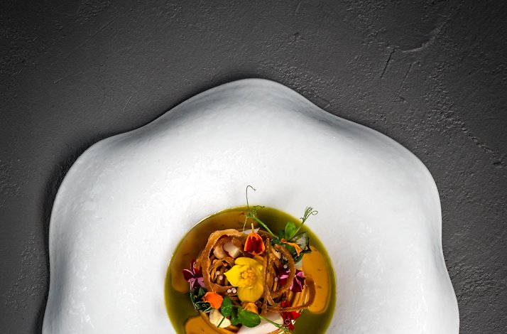 Artfully plated fine-dining dish with herb broth, edible flowers, and golden puree on a sculpted white plate.