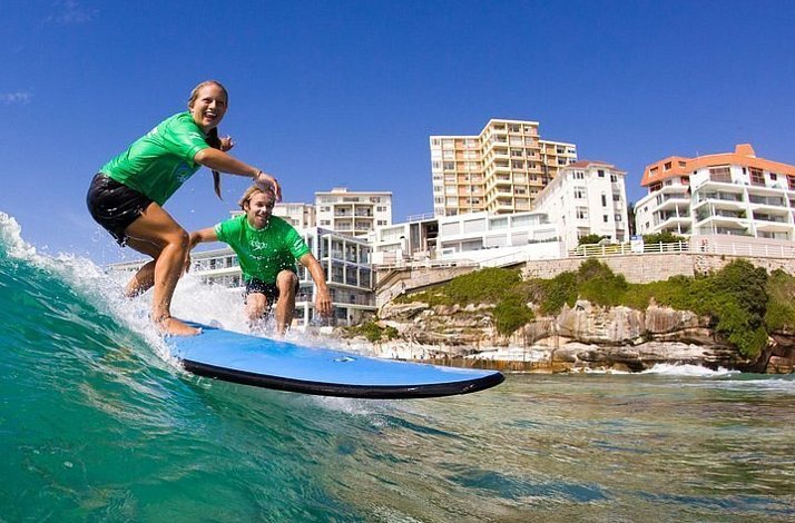Two people wearing green and black uniform surfing waves
