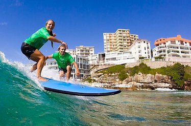 Two people wearing green and black uniform surfing waves