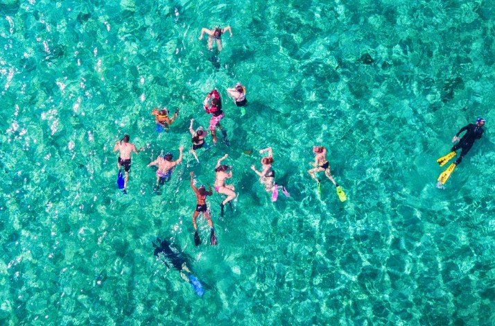 Aerial drone view of people snorkeling in the Caribbean.