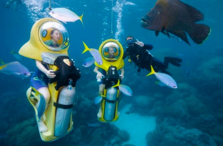Three tourists diving under the Caribbean sea with interesting fishes.