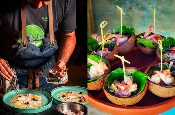 Collage of two images depicting the process of cooking by chef Avinash Martins and the servings in coconut shells.