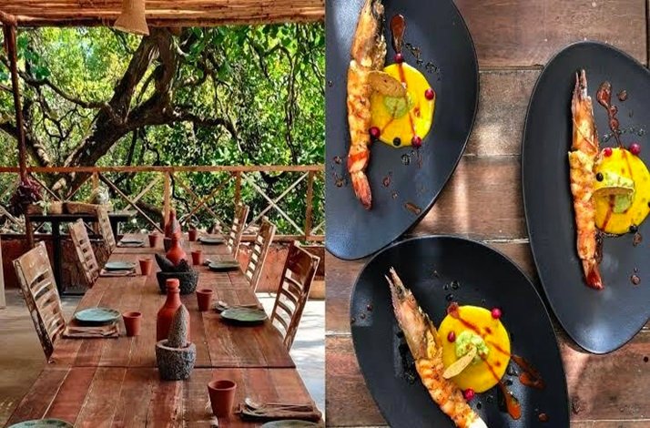 A collage of two images depicting a dining table in a village veranda and special dish servings in 3 black plates.