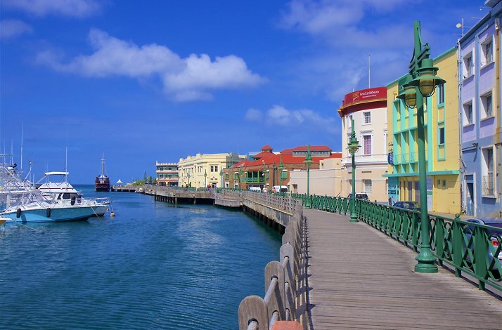Colorful buildings next to the beach in Bridgetown. 