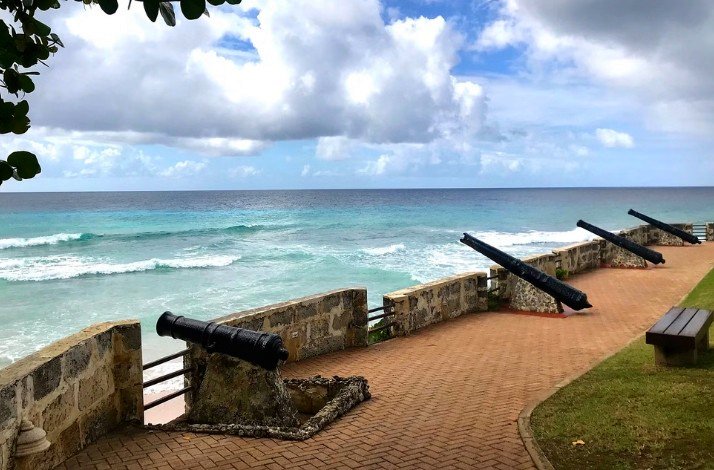 Cannons overlooking the ocean are lined at the stone mall in Bridgetown. 