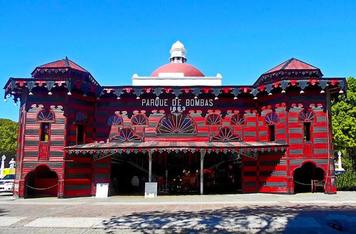 The front view of The Parque de Bombas former fire station in Ponce, Puerto Rico.