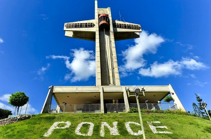 The shot from below of the 100 feet tall cross Cruceta del Vigia located atop Vigia Hill in Ponce.