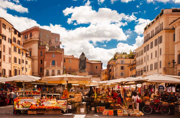 View of Piazza dei Fiori in Rome during a market day.