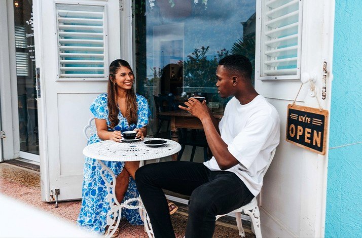 Two people enjoying coffee outside of the Van Gogh Specialty Coffee & City Roastery