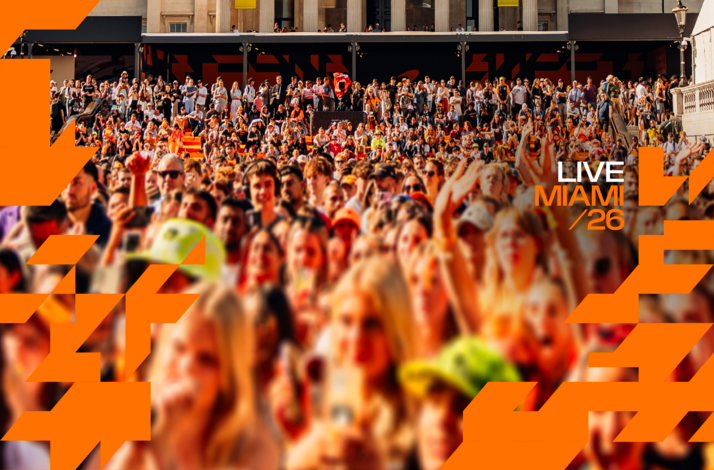 Crowd watching a race with overlay text 'Live Miami /26'