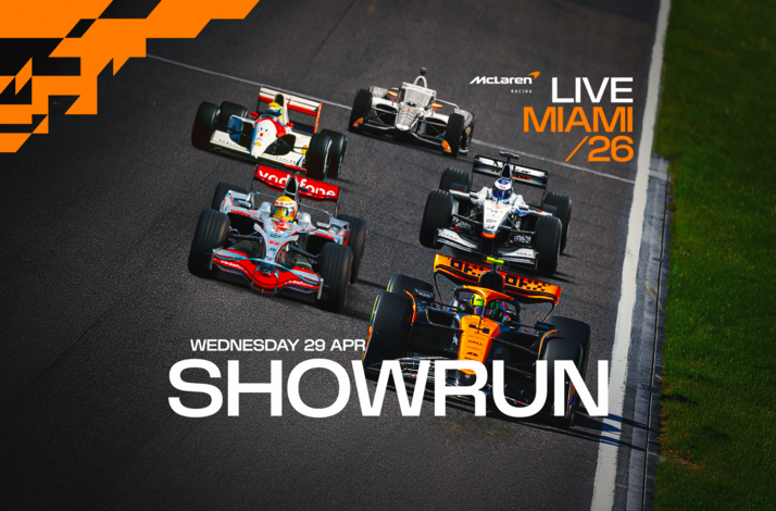 McLaren race cars on a track with overlay text 'Live Miami /26. Wednesday 29 Apr SHOWRUN'