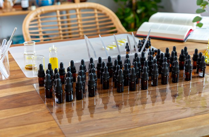 Little bottles and testers for fragrance made with Greek fragrance recipe.