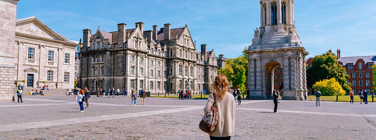 People in the courtyard of Trinity College Dublin, Ireland.