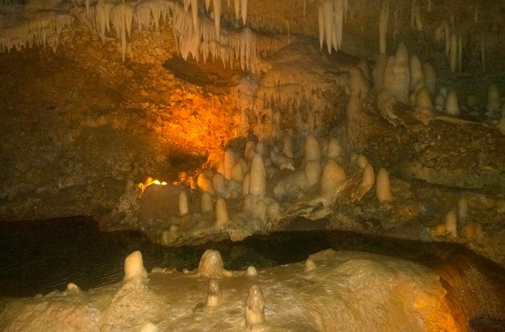 A view of the stalactites and ancient stalagmites at the Harrison's Cave Eco-Adventure Park.