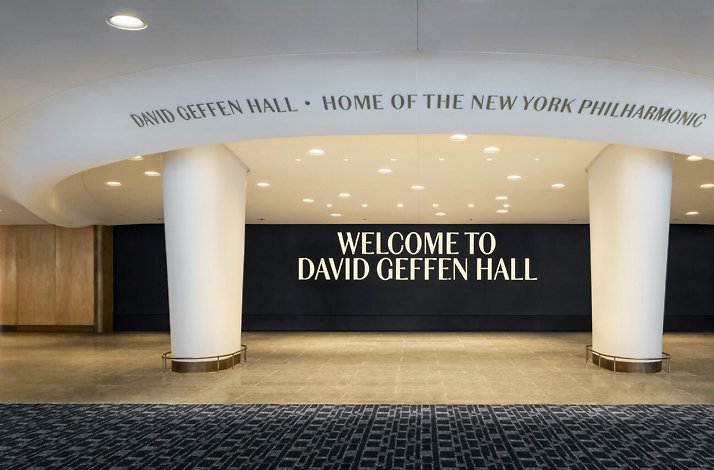 Entrance with the sign Welcome to David Geffen Hall.