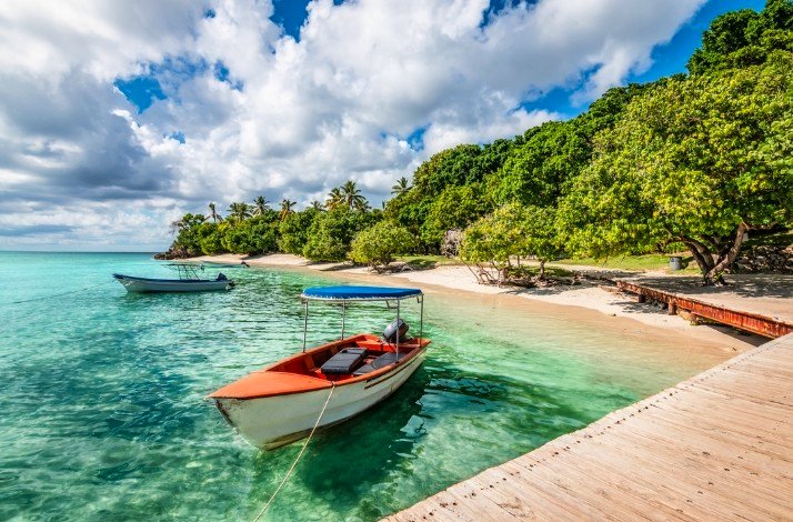 Boats anchored at Samana beach, Dominican Republic
