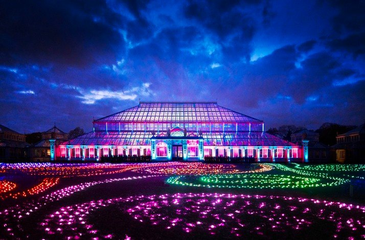 The exterior of Kew Gardens,  illuminated for the Christmas season
