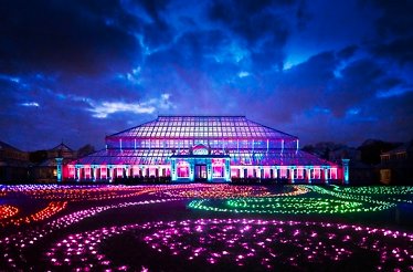 The exterior of Kew Gardens,  illuminated for the Christmas season