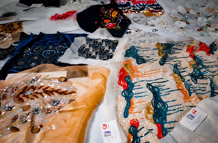 Some of the embroidery pieces created at the Pino Grasso Ricami atelier.