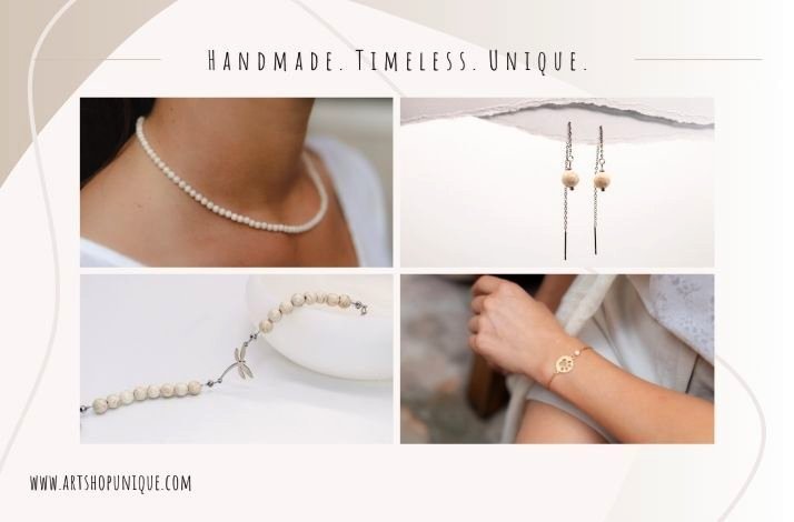 Collage of 4 photos showing handcrafted jewelries: necklace, earrings, bracelets.